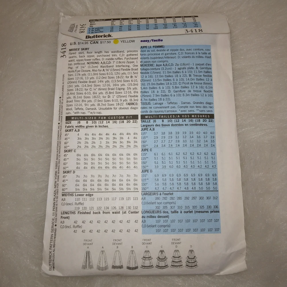 BUTTERICK 3418 Sz 6-10 Making History Skirt in 4 variations EASY!